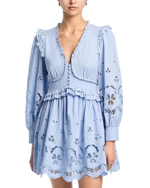Aqua Women's Blue Embroidered Poplin Long Sleeve Mini Dress - benaras.co