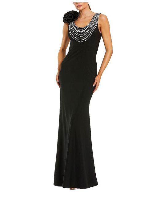 Mac Duggal Black Beaded Scoop Neck Jersey Gown With 3D Flower