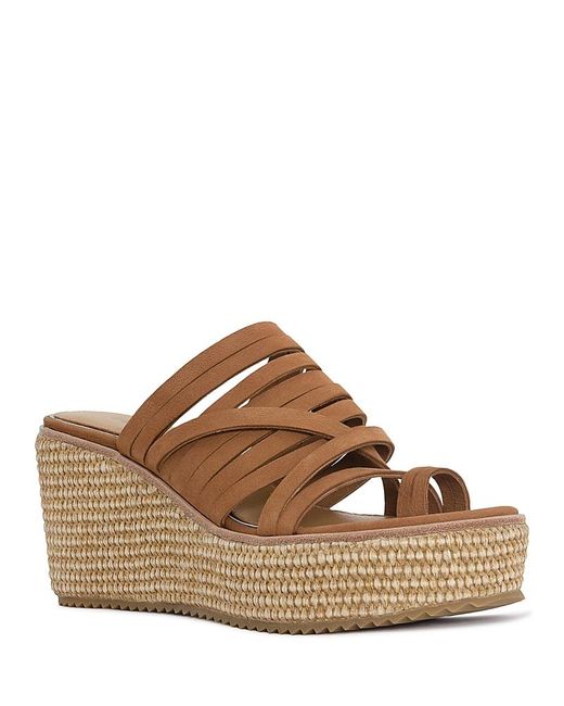 Donald J Pliner Brown Leather Toe Loop Wedge Slide Sandals