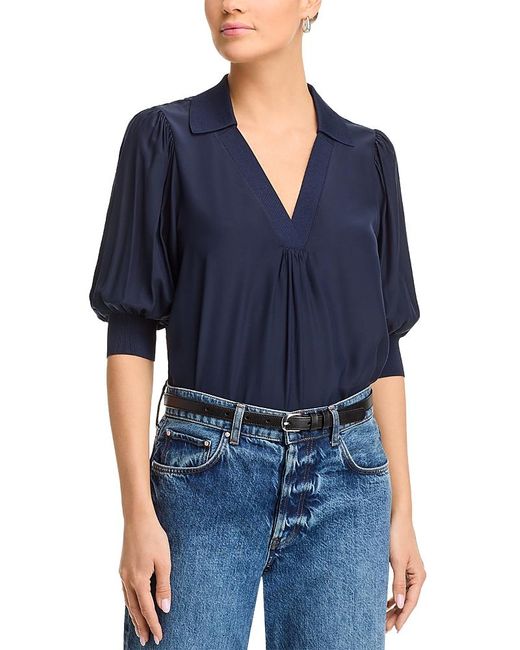 Cinq À Sept Blue Weldon Collared Silk Blouse
