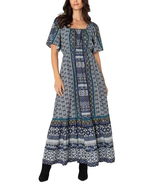 Liverpool Los Angeles Blue Printed Square Neck Elbow Sleeve Maxi Dress