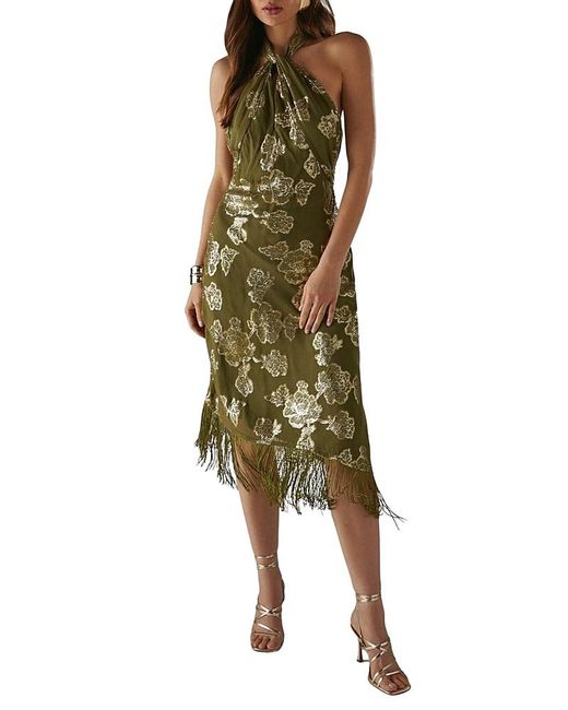 green emerald velvet dress Gold Ruffle Tiered Buckle Detail Dress main image 1