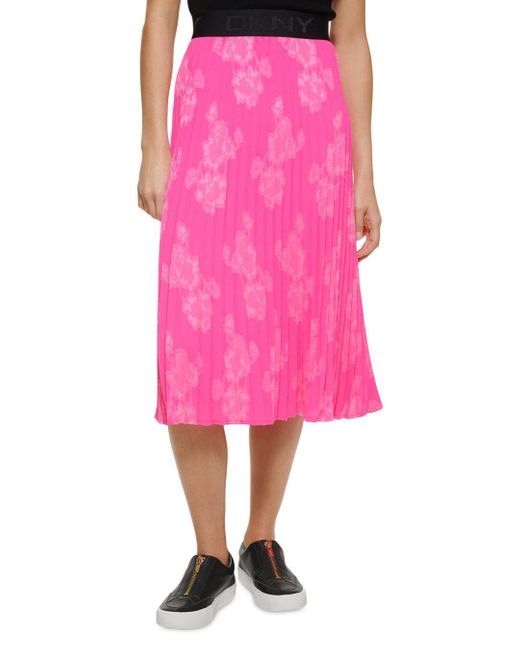 Dkny Synthetic Pleated Floral Print Midi Skirt In Pink Lyst
