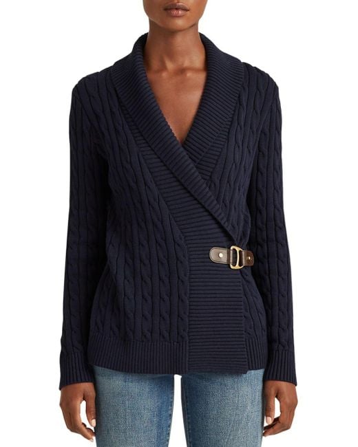 Ralph Lauren Lauren Cable Knit Buckled Cardigan in Blue Lyst