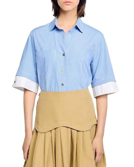 Sandro Blue Cropped Check Shirt