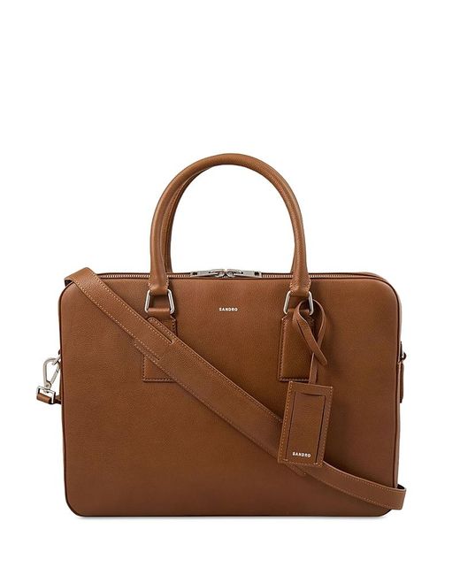 Sandro Brown Large Grained Leather Briefcase for men
