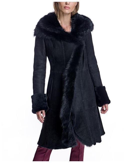 Maximilian Women's Blue Hooded Shearling Coat