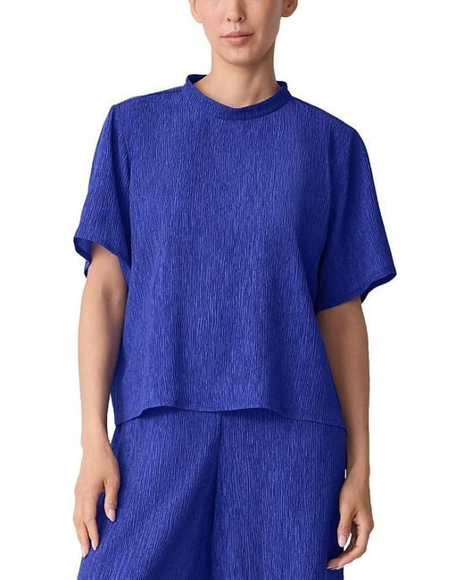 Eileen Fisher Women's Blue Mock Neck Short Sleeve Top