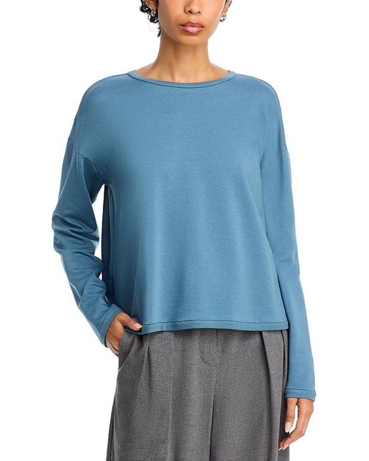 Eileen Fisher Blue Striped Cozy Brushed Terry Round Neck Cropped Boxy Top