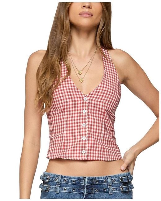 Edikted Red Evan Gingham Button Up Halter Top