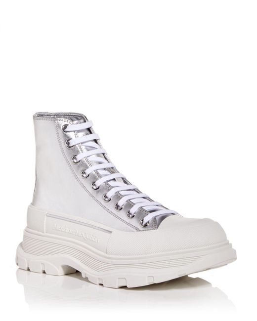 Alexander McQueen Leather Tread Slick High Top Sneakers in White/Grey ...
