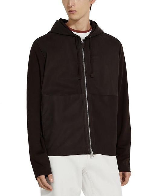 Zegna Black Zip Front Fleece Hoodie for men
