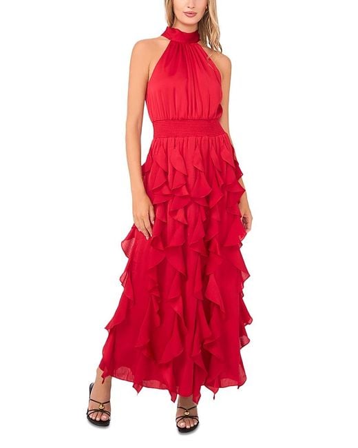 1.STATE Red Flounce Cascading Maxi Dress