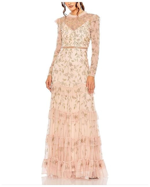 Mac Duggal Natural High Neck Flutter Cap Long Sleeve Tiered Embellished Gown