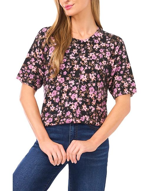 Cece Blue Floral Print Short Sleeve Sweater