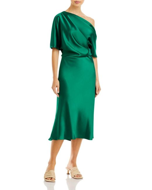 Amsale Synthetic Draped One Shoulder Midi Dress in Emerald (Green) | Lyst