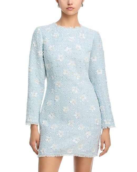 Aqua Women's Blue Sequin Tweed Mini Long Sleeve Dress