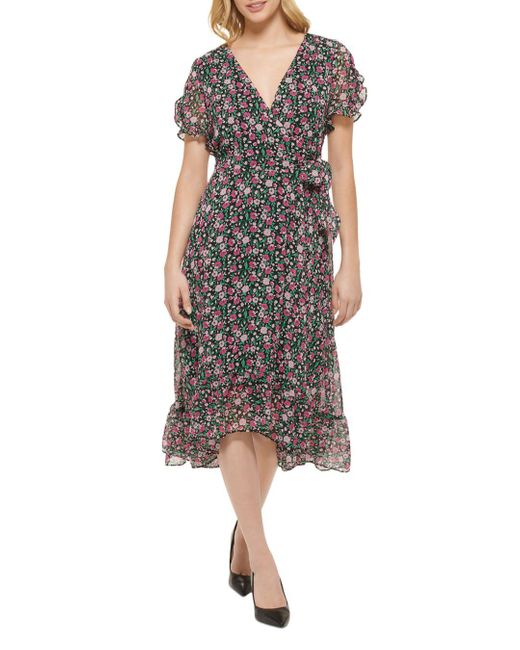Karl Lagerfeld Synthetic Floral Print Wrap Midi Dress in Black Lyst