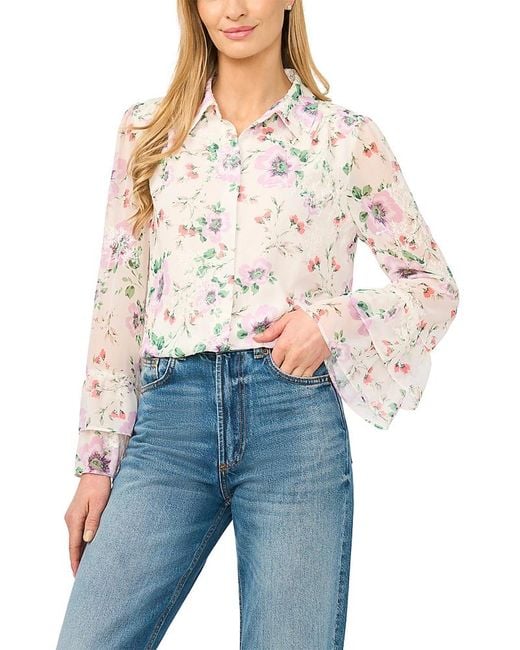 Cece Blue Double Ruffle Cuff Button Down Shirt