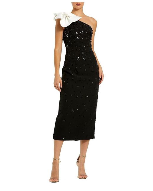 Mac Duggal Black Beaded Crepe One Shoulder Midi Dress With Bow