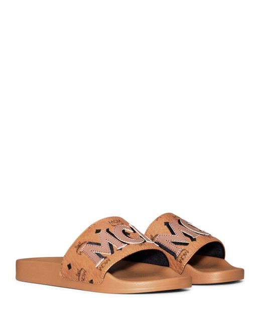 MCM Synthetic Women's Visetos Patch Slide Sandals in Cognac (Brown) - Lyst