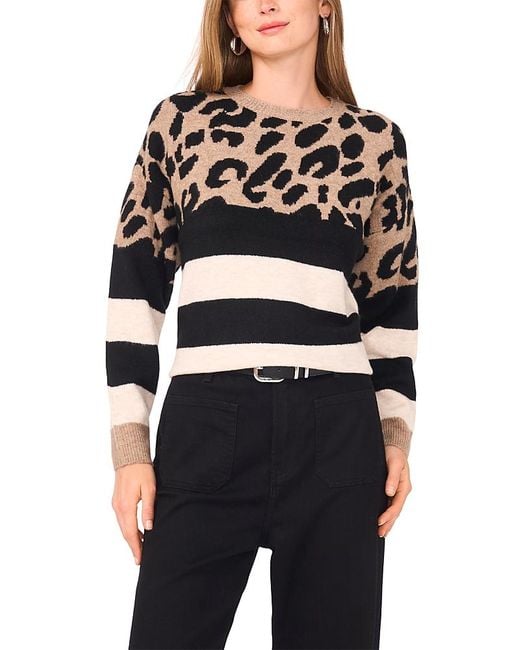 Vince Camuto Black Leopard Stripe Crewneck Sweater