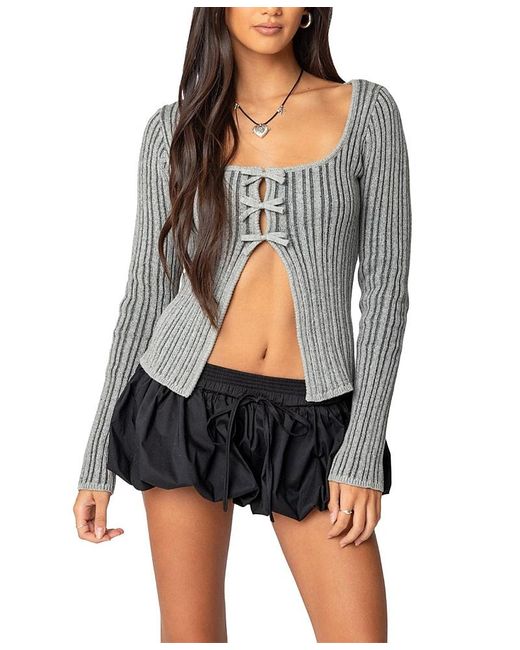 Edikted Gray Bowtie Split Front Knit Top