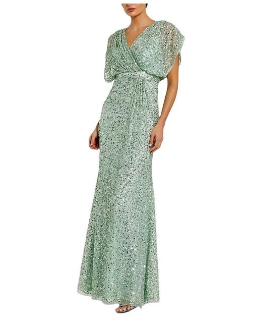 Mac Duggal Draped Sleeves Ruched Waist Detail V-Neck Gown in Green | Lyst