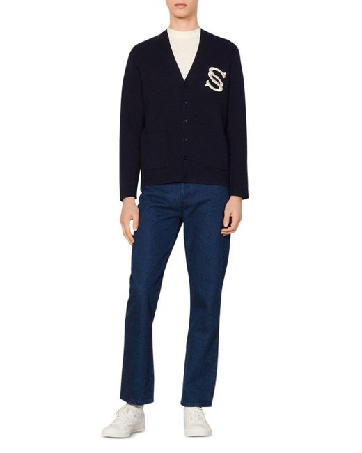 Sandro Cotton Embroidered Varsity Cardigan in Navy Blue (Blue) for Men - Lyst