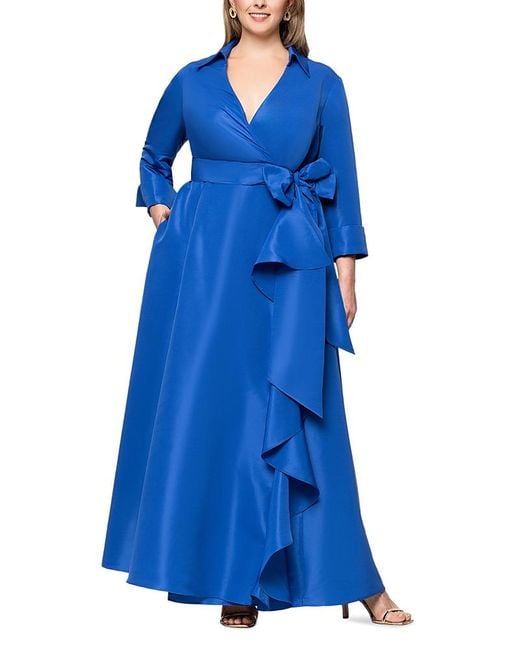 Betsy Adam Women's Blue Plus Belted Ruffle Front Ball Gown