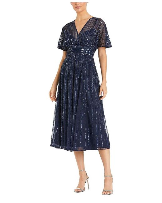 Mac Duggal Blue A Line Embellished Short Sleeve Dress