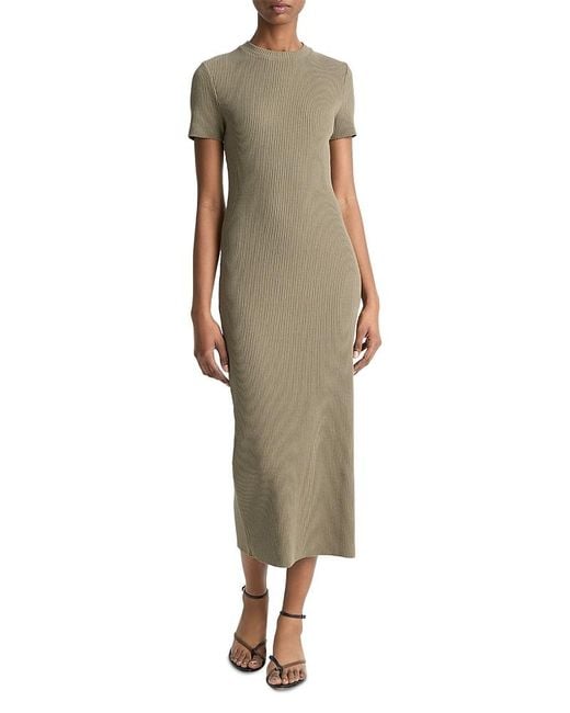 Vince Women's Green Ribbed Short Sleeve Midi Dress