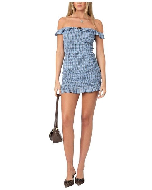 Edikted Blue Off Shoulder Scrunched Plaid Mini Dress