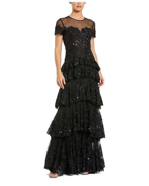 Mac Duggal Black Short Sleeve Tiered Mesh Gown With Embellishments
