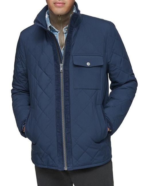 Andrew Marc Blue Amberg Diamond Quilted Corduroy Trim Water Resistant Jacket for men