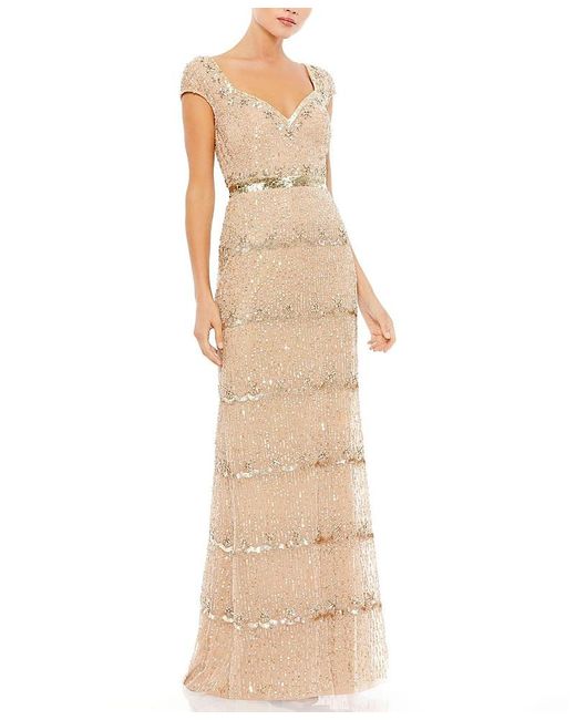 Mac Duggal Natural Cap Sleeve Sweetheart Neckline Beaded Sequin Column Gown