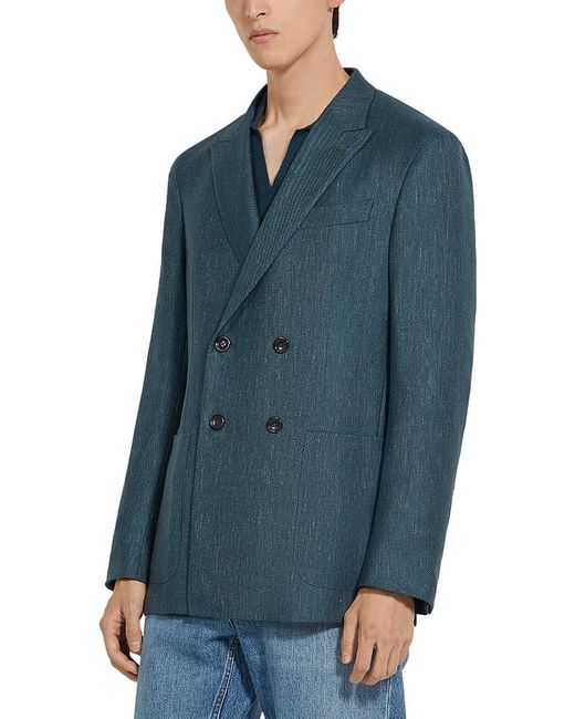 ZEGNA Double Breasted Peak Lapel Jacket in Blue for Men | Lyst