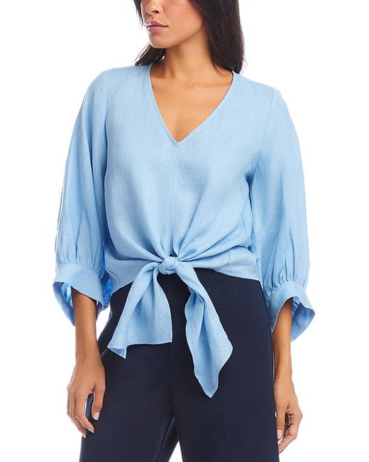 Karen Kane Blue Blouson Sleeve Linen Tie Front Top