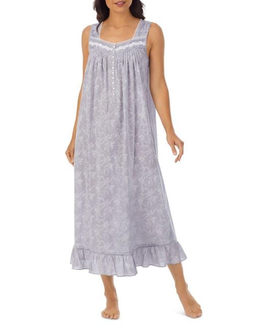 Eileen West Cotton Chambray Ballet Nightgown in Floral Grey (Gray) Lyst