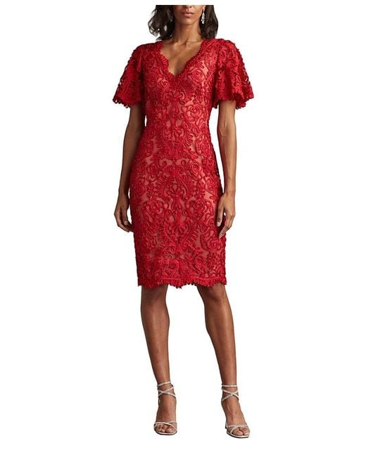 Tadashi Shoji Women's Red Arnett Embroide Flutter Sleeve Dress