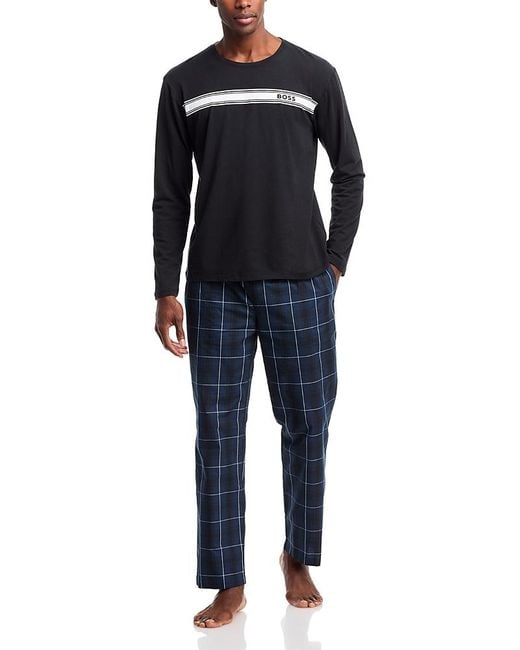Boss Blue Urban Cotton Logo Tee & Plaid Pajama Pants Set for men