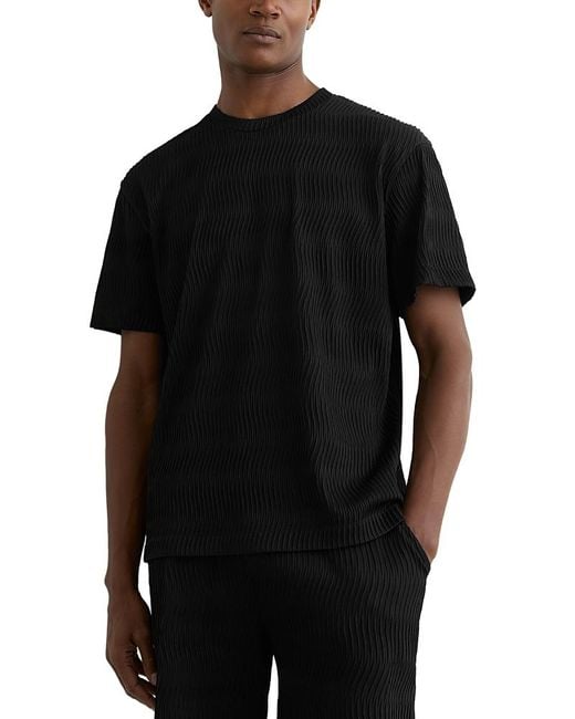 Reiss Men's Black Relaxed Fit Textured Wave Jacquard T-Shirt