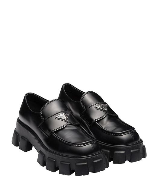 Prada Black Monolith Brushed Leather Loafers for men