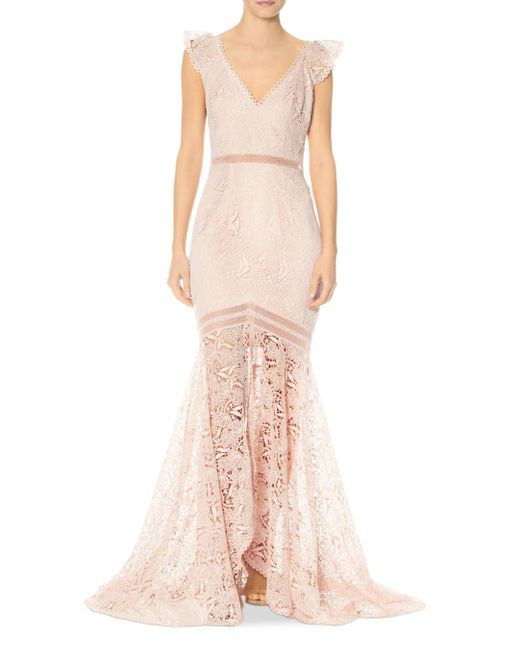 monique lhuillier red floral lace gown