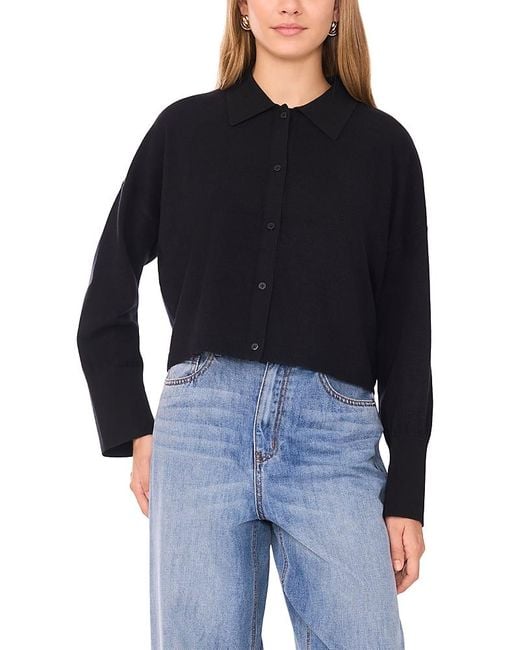 1.STATE Blue Collared Button Down Cropped Sweater