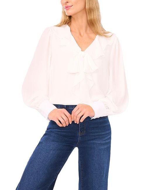 Cece Blue Ruffle Tie Neck Blouse