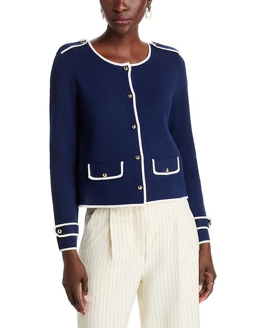 Tahari Blue Long Sleeve Crewneck Button Down Cardigan