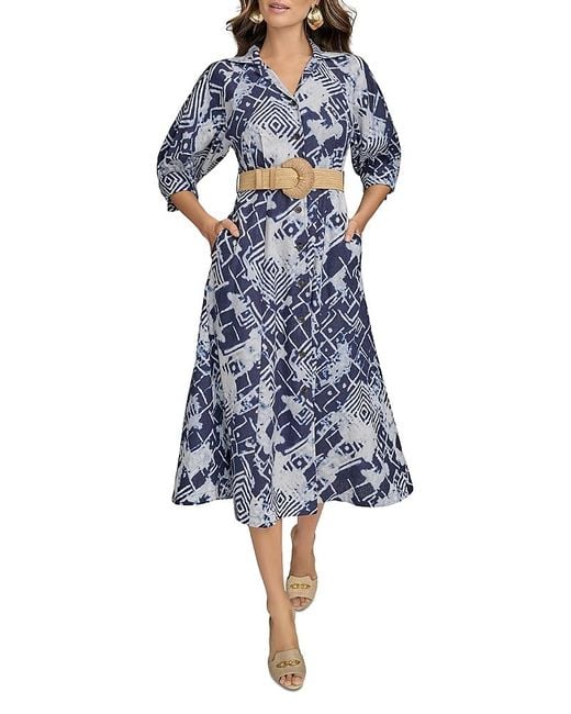 Donna Karan Blue Linen Blend Belted Shirtdress