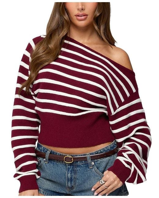 Edikted Red Mika Off Shoulder Oversized Sweater