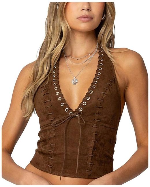 Edikted Brown Sloane Faux Suede Halter Top